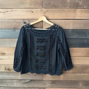 Black Lace Eyelet Blouse Sheer Crochet Detail Top